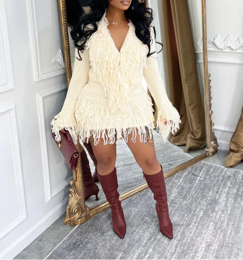 Tassel Trim Knit Top & Skirt Set
