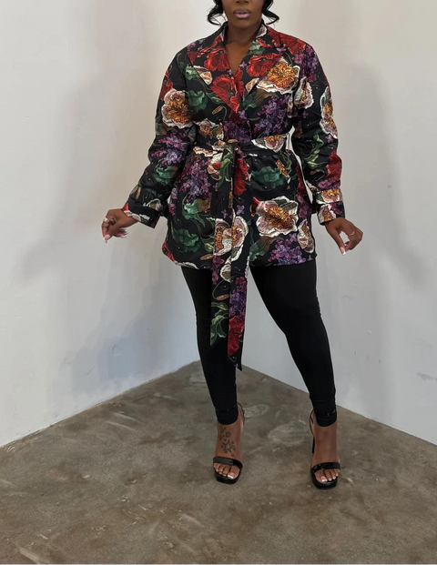 Printed Belted Blazer Coat (Plus)