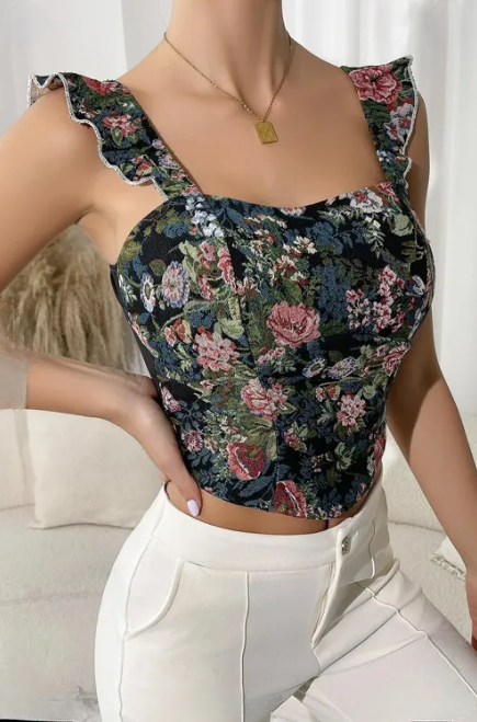 Tapestry Ruffled Strap Crop Top