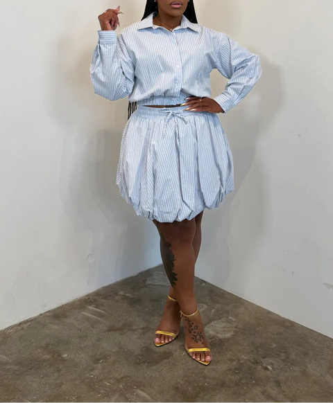Striped Crop Shirt & Bubble Skirt Set (Plus)