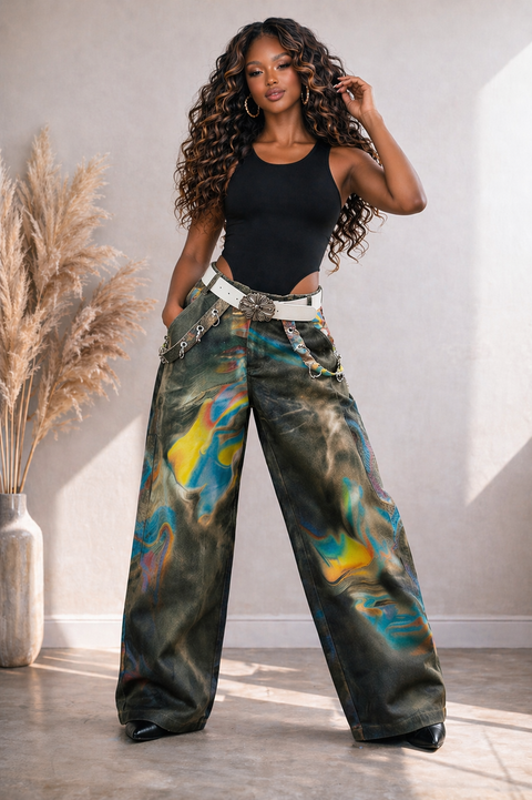 Abstract Print Belted Twill Pants