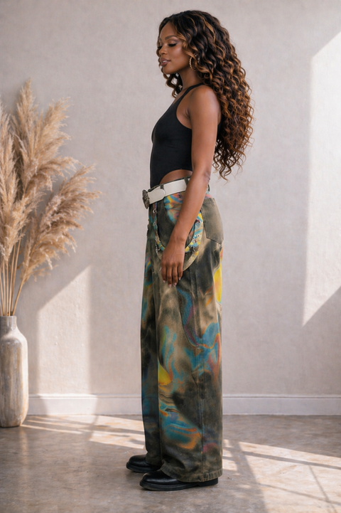 Abstract Print Belted Twill Pants
