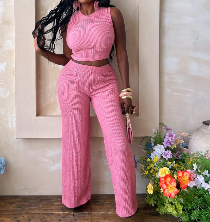 Wrinkle Texture Crop Top & Pants Set