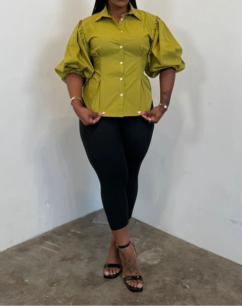 Button Up Puff Sleeve Blouse (Plus)