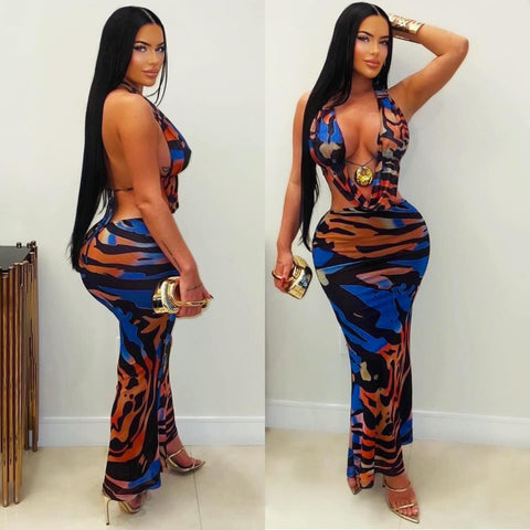Printed Mesh Gold Detail Halter Dress