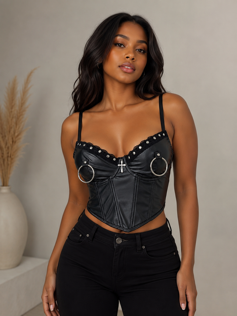 Round Trim Faux PU Cami Corset