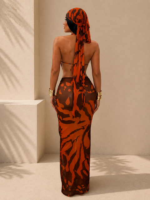 Printed Mesh Gold Acc Bodysuit & Skirt Set