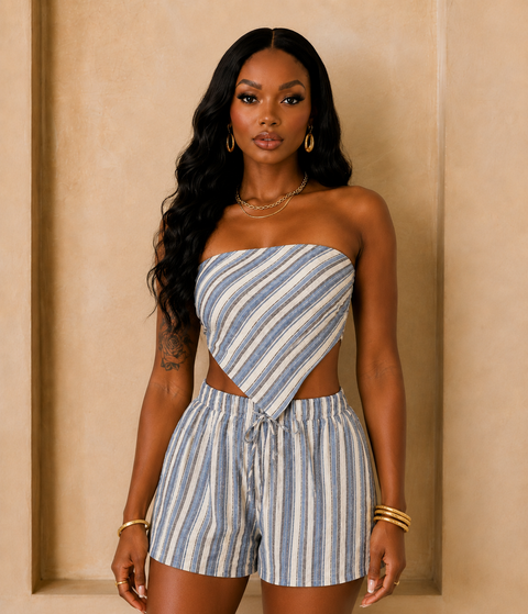Linen Stripe Bandeau Top & Shorts Set