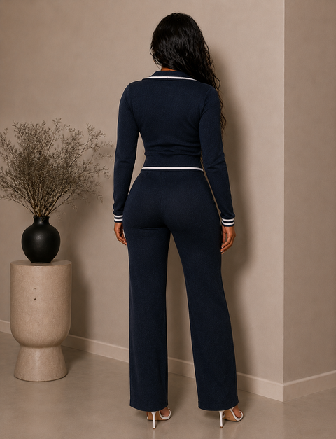 Color Contrast Trim Knit Shirt & Pants Set