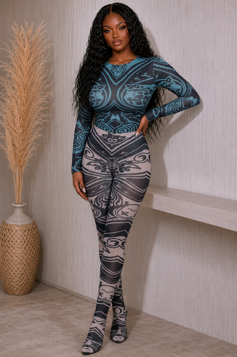 Graphic Bodysuit & Mesh Pants Set