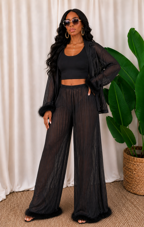 Sheer Bottom Fur Open Top & Pants Set