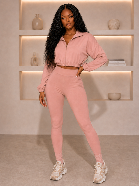 Solid Zip Up Crop Jacket & Leggings Set