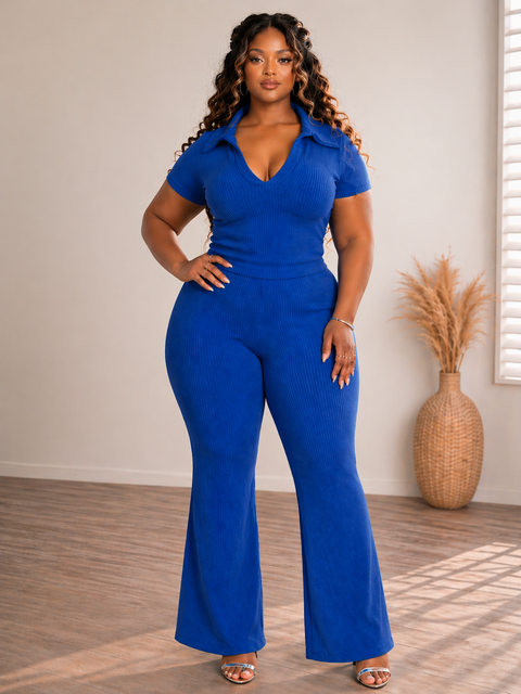 Ribbed Collar Top & Pants Set (Plus)