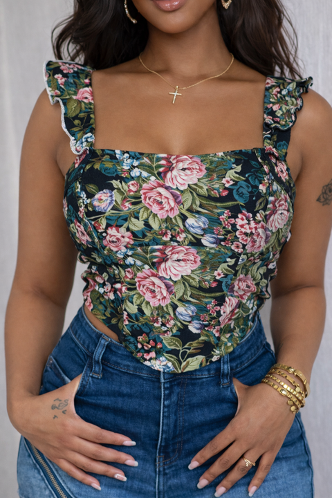Tapestry Ruffled Strap Crop Top