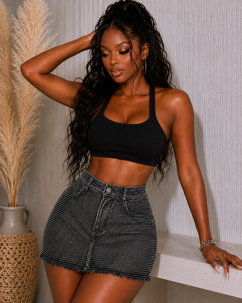 All Rhinestone Denim Mini Skirt