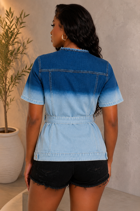 Ombre Button Up Belted Denim Top