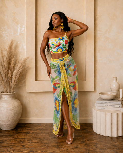 Flower Printed Mesh Skirt & Bikini Set