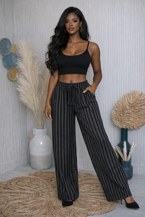 Striped Pompons Drawstring Pants
