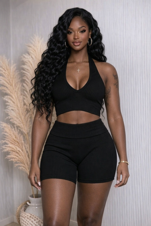 Rib Halter Crop Top & Folded Shorts Set