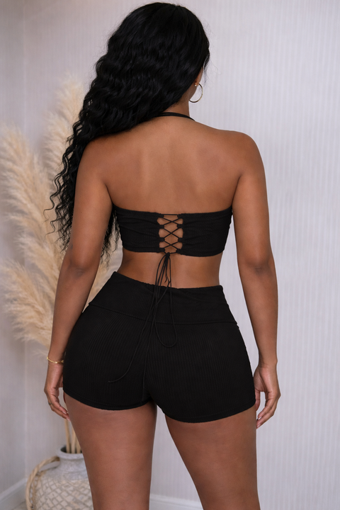 Rib Halter Crop Top & Folded Shorts Set
