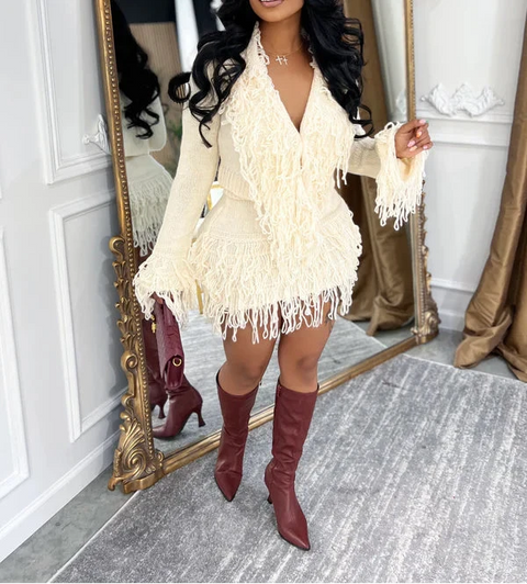 Tassel Trim Knit Top & Skirt Set
