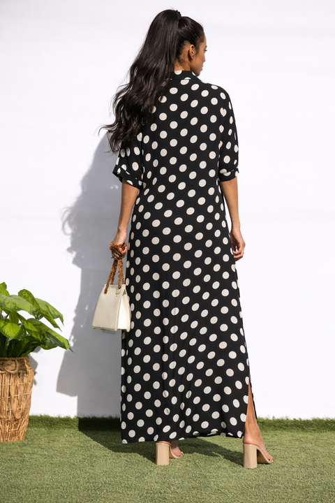 Polka Dot Button Down Shirt Long Dress