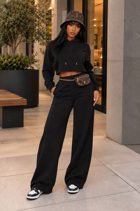 Fleece Hoodie Crop Top & Pants Set