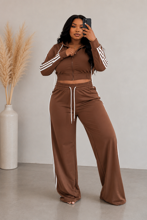 Side Striped Zip Up Top & Pants Set (Plus)