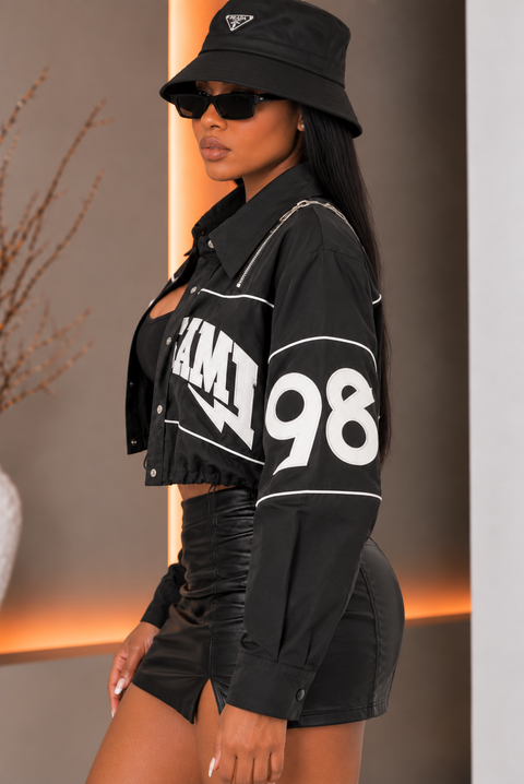 Track Faux PU Letter Crop Jacket