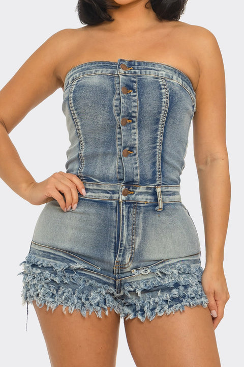 Distressed Hem Tube Denim Romper