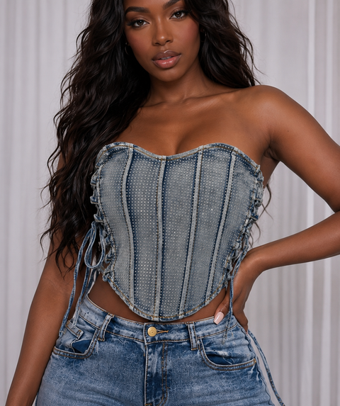 All Rhinestone Denim Corset