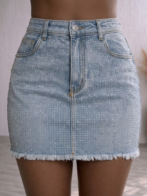 All Rhinestone Denim Mini Skirt