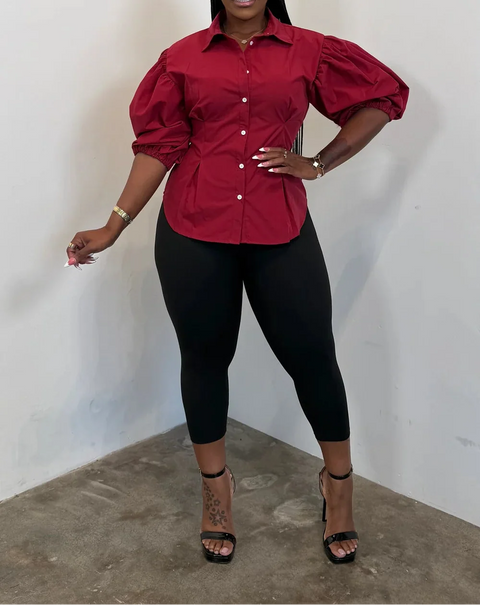 Button Up Puff Sleeve Blouse (Plus)