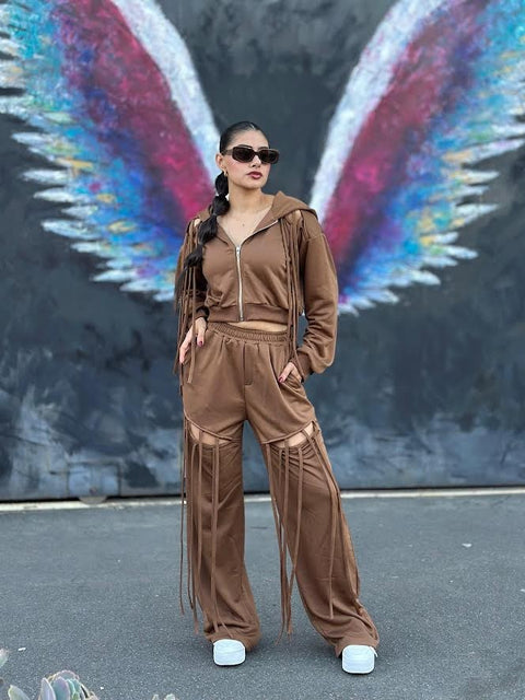 Fringe Open Detail Hoodie & Pants Set