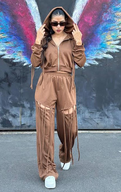 Fringe Open Detail Hoodie & Pants Set