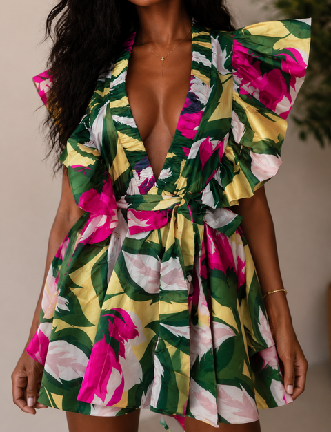 Printed Taffeta Tie Waist Wrap Dress