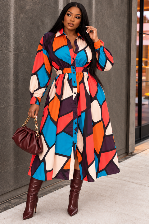 Printed Long Shirt Dress (Plus)