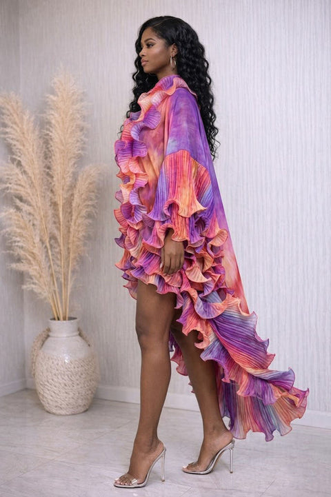 Printed Organza Ruffled Duster Cardigan