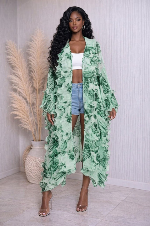 Printed Organza Ruffled Duster Cardigan