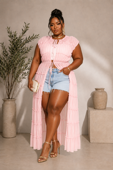 Shirred Tiered Tie Front Cardigan (Plus)
