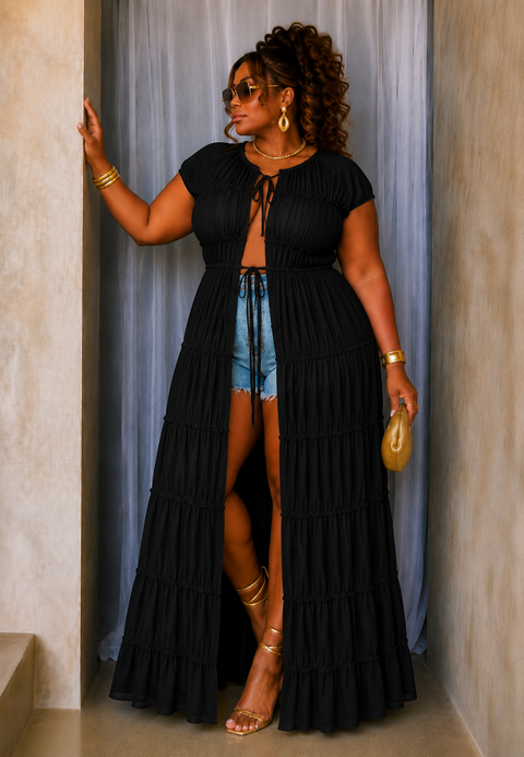 Shirred Tiered Tie Front Cardigan (Plus)