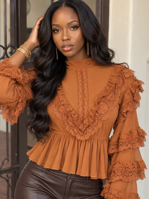 Sheer Lace Hem Peplum Blouse