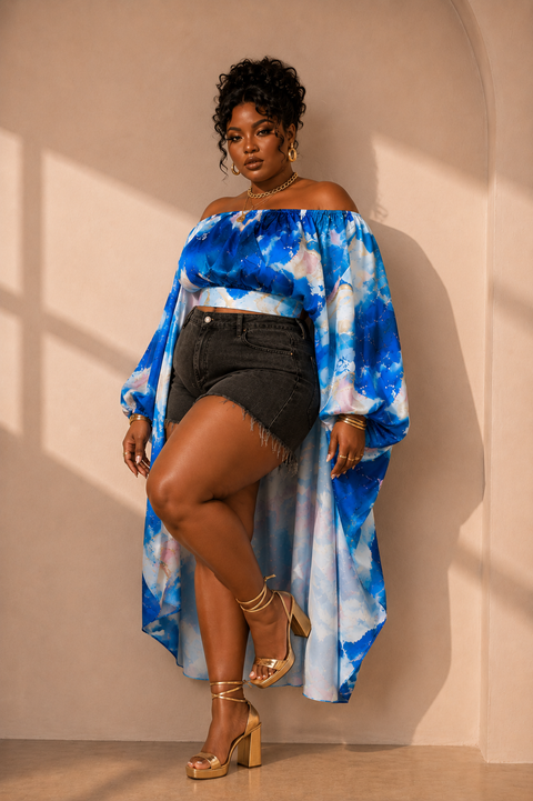 Printed Off Shoulder Mullet Bubble Top (Plus)