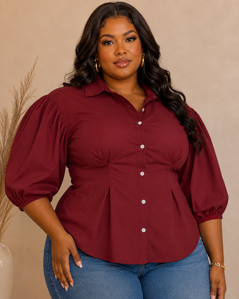 Button Up Puff Sleeve Blouse (Plus)