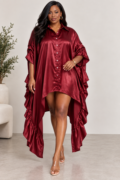 Satin Half Slv Oversize Shirt Dress (Plus)