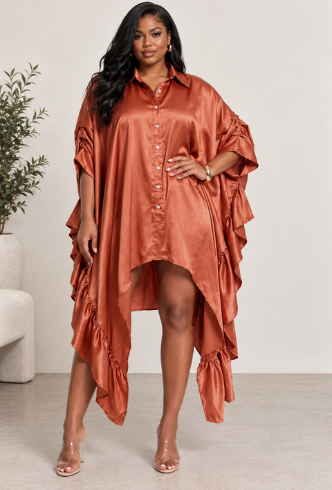 Satin Half Slv Oversize Shirt Dress (Plus)
