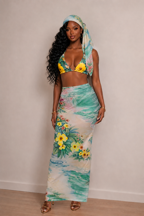 Printed Mesh Scarf, Skirt & Bikini Set