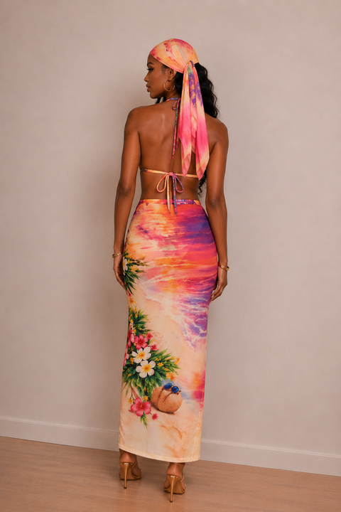Printed Mesh Scarf, Skirt & Bikini Set