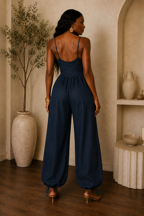 Drawstring Balloon Denim Jumpsuit