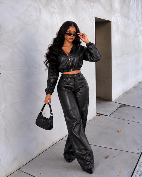 Faux Leather Hoodie Jacket & Pants Set